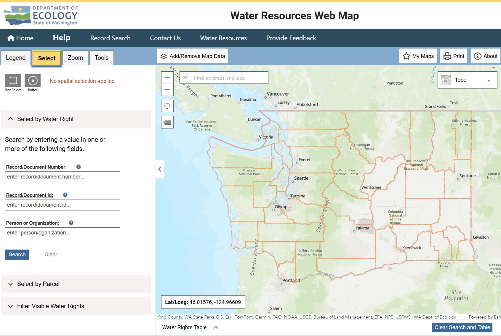 screenshot of the water rights map tool