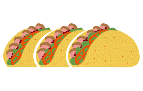 Illustration of three tacos topped with meat, cheese, and vegetables