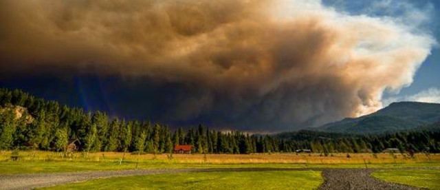 A dark billowing cloud of smoke hovers ominously over an open field