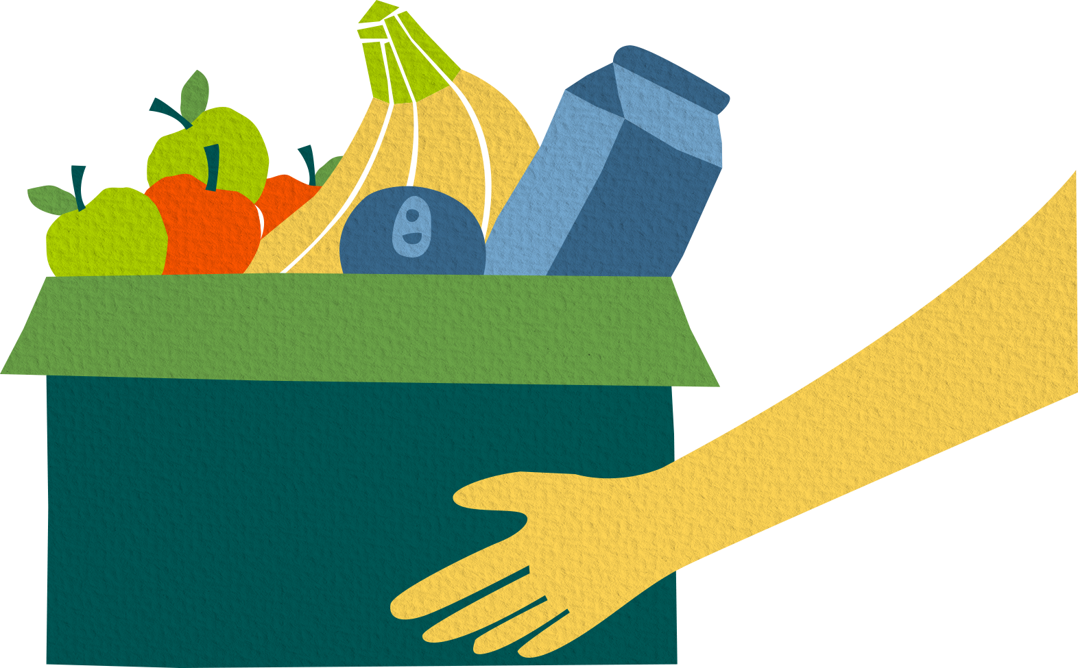 Manos sosteniendo una caja llena de alimentos para donar, con manzanas, plátanos y productos enlatados