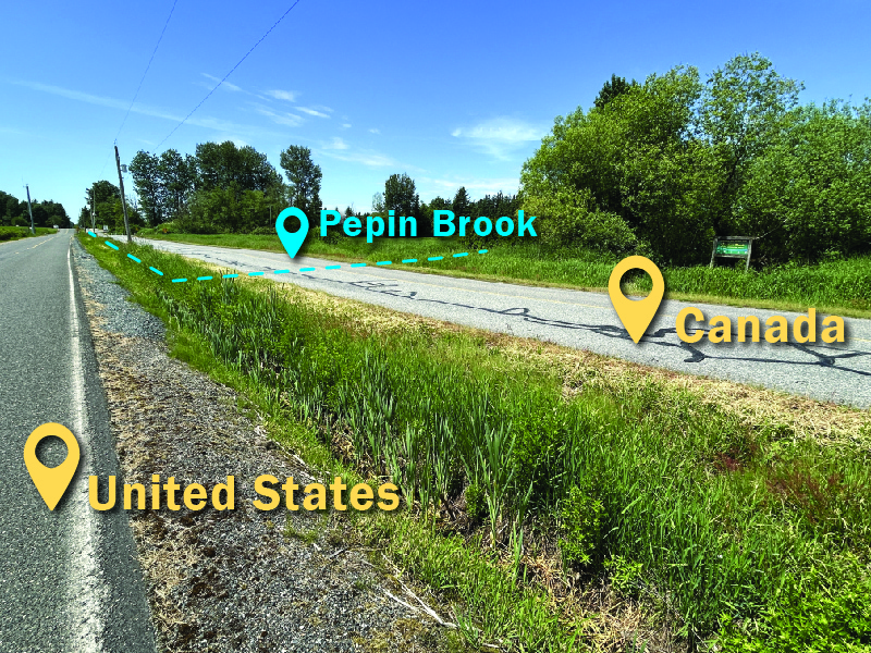 Grassy ditch running between two paved roads with brook running from Canada fields and trees on right to US fields on left