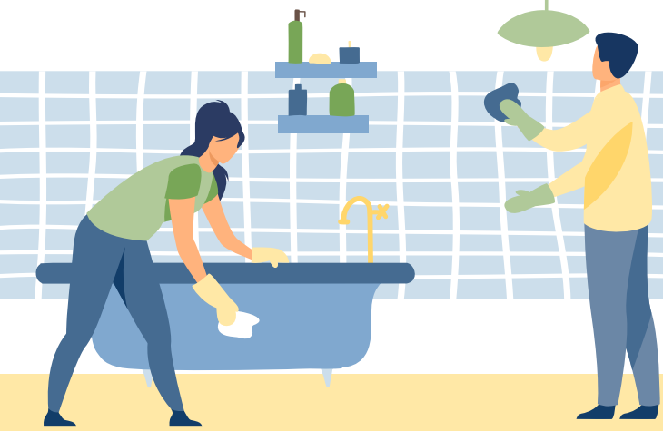 Illustration of a man and woman cleaning a bathroom