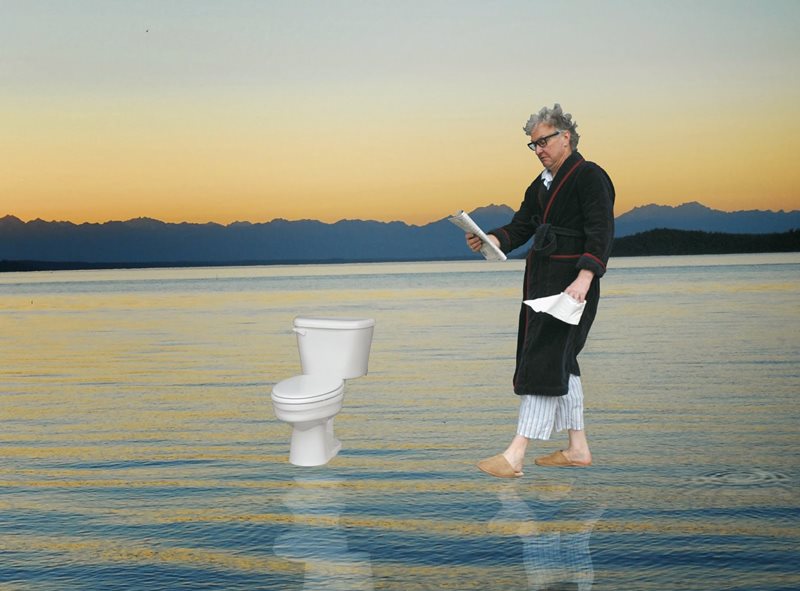 photoshopped image of man walking on water, near a toilet that is also on top of water.