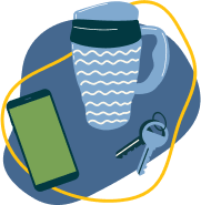 illustration of cell phone, keys and a reusable cup