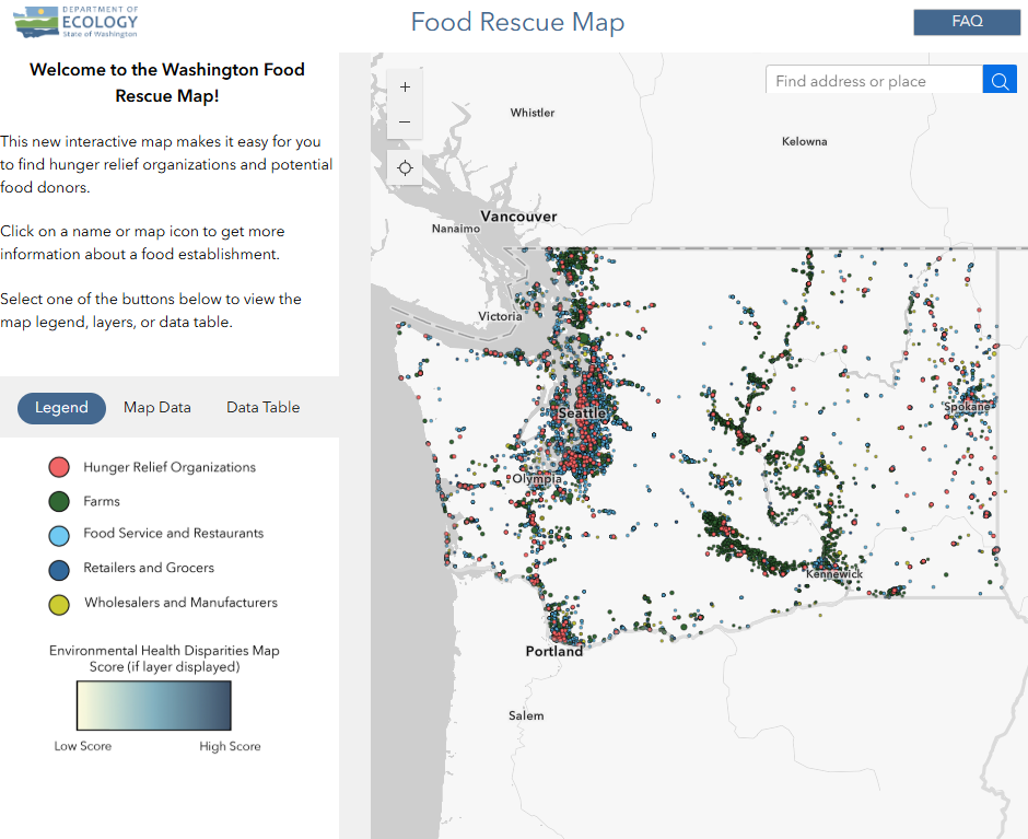 Ecology's map of food rescue locations. Click to access application.