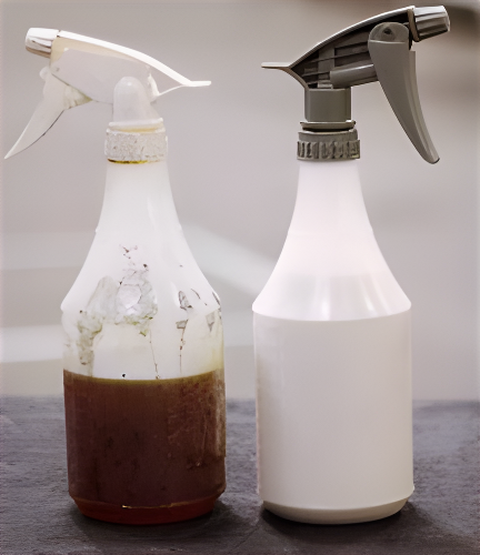 Two spray bottles, one with brown liquid and one with white.