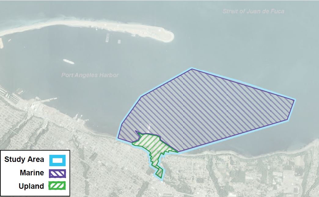 Map. The upland area covers the shoreline and along Ennis creek; the marine area extends almost to Ediz hook, and eastward.
