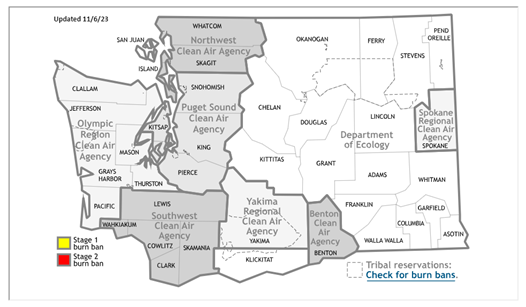 Map of Washington with counties and clean air agency jurisdictions.