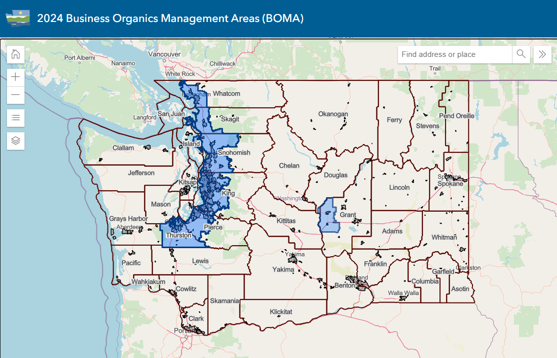 Business Organics Management Areas: Thurston, Snohomish counties, much of the I-5 corridor, and parts of Chelan, Douglas, Grant counties.
