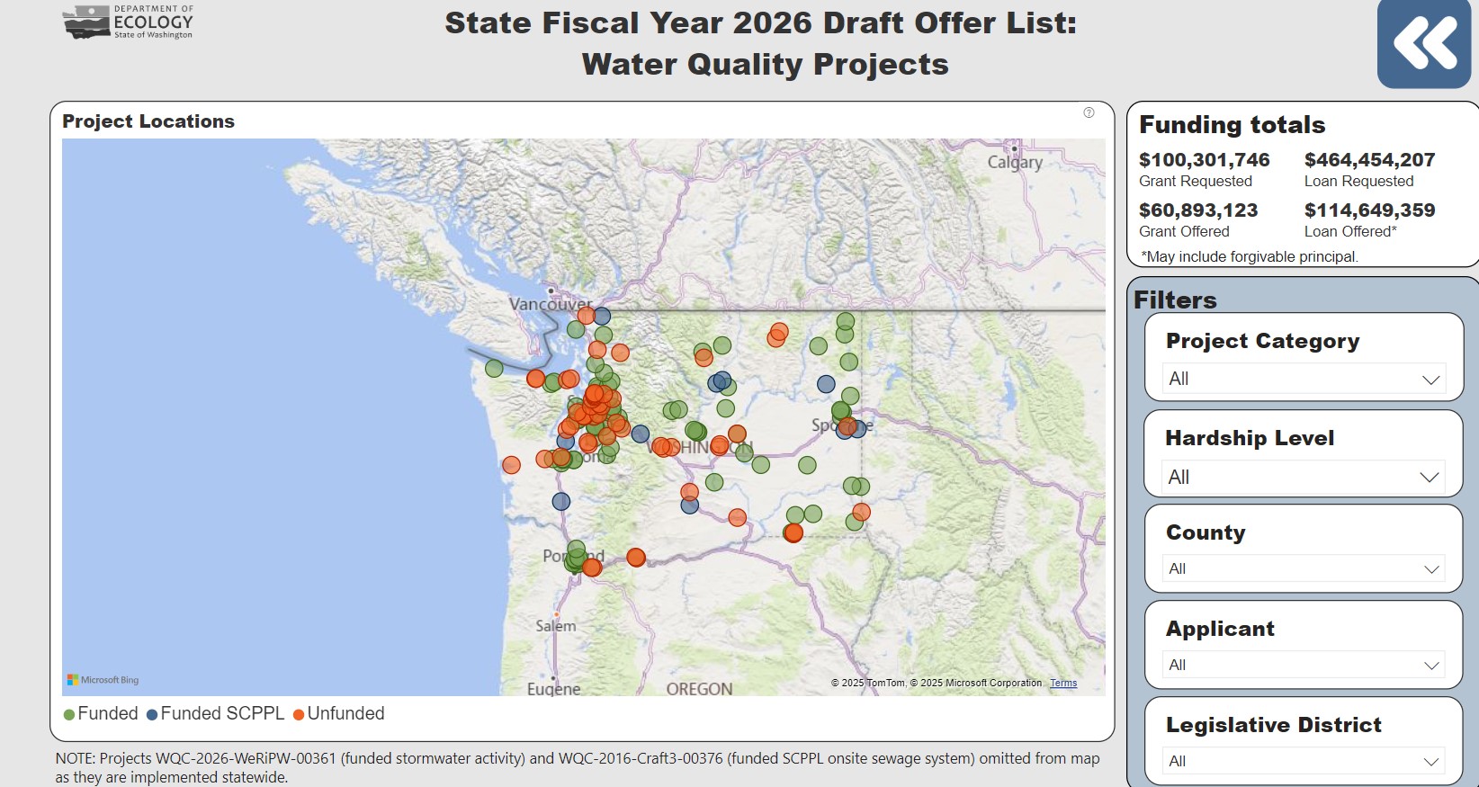 interactive map with many colored dots showing where projects are located. 