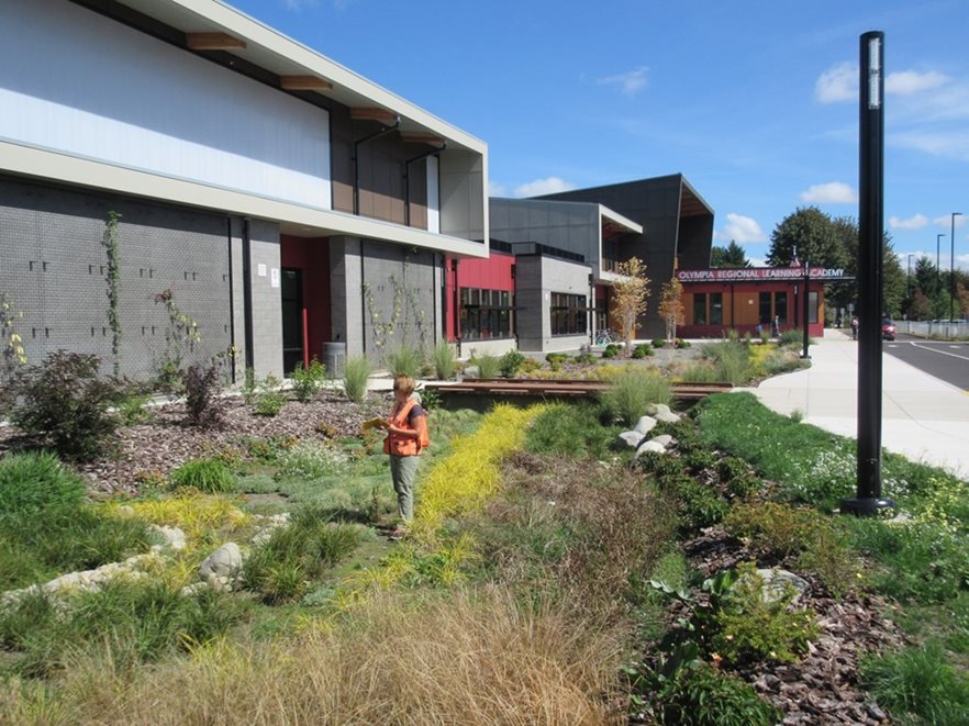 Bioretention hydrology shown through landscaping at a building in Olympia.