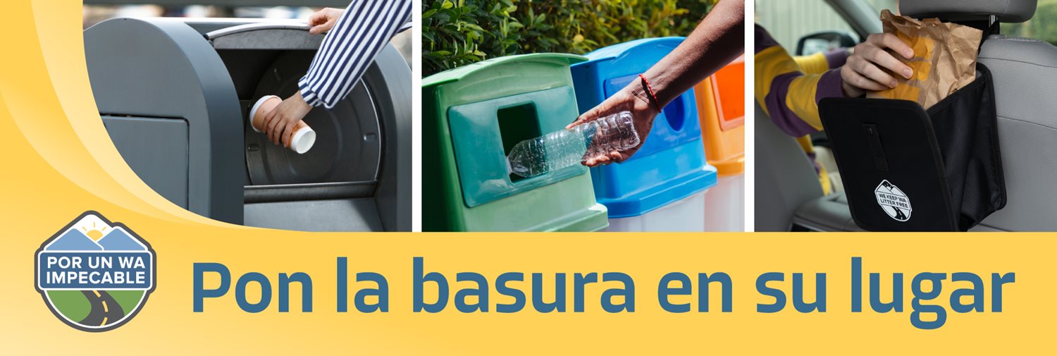 Put litter in its place. A banner image showing people depositing a cup, bottle, and paper bag into correct receptacles, including a vehicle litter bag.