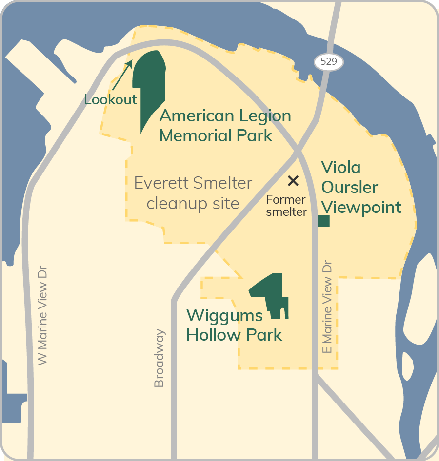 American Legion Park is in NW Everett, Viola Oursler viewpoint is east of East Marine View Drive, and Wiggums Hollow is between Broadway and E Marine View Drive.