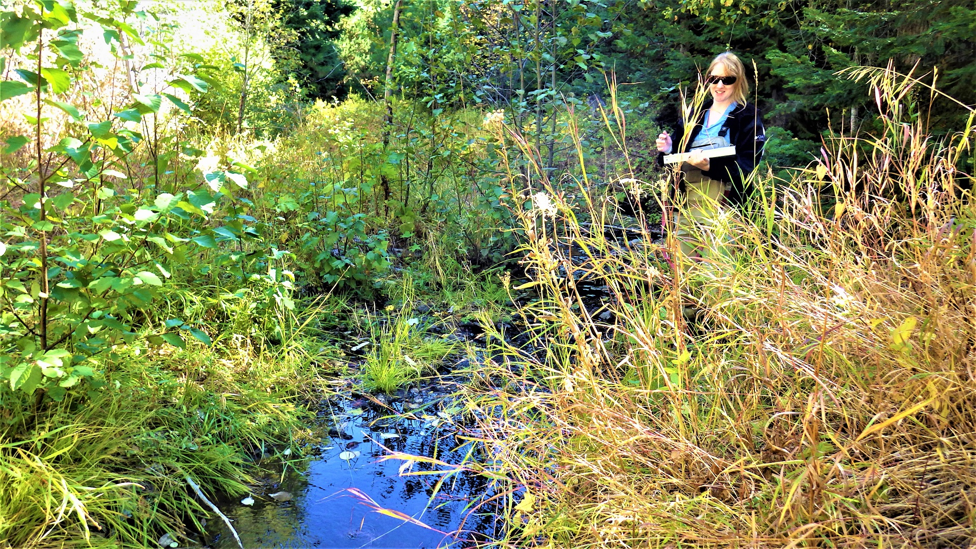 A person standing in a stream holding a clip board