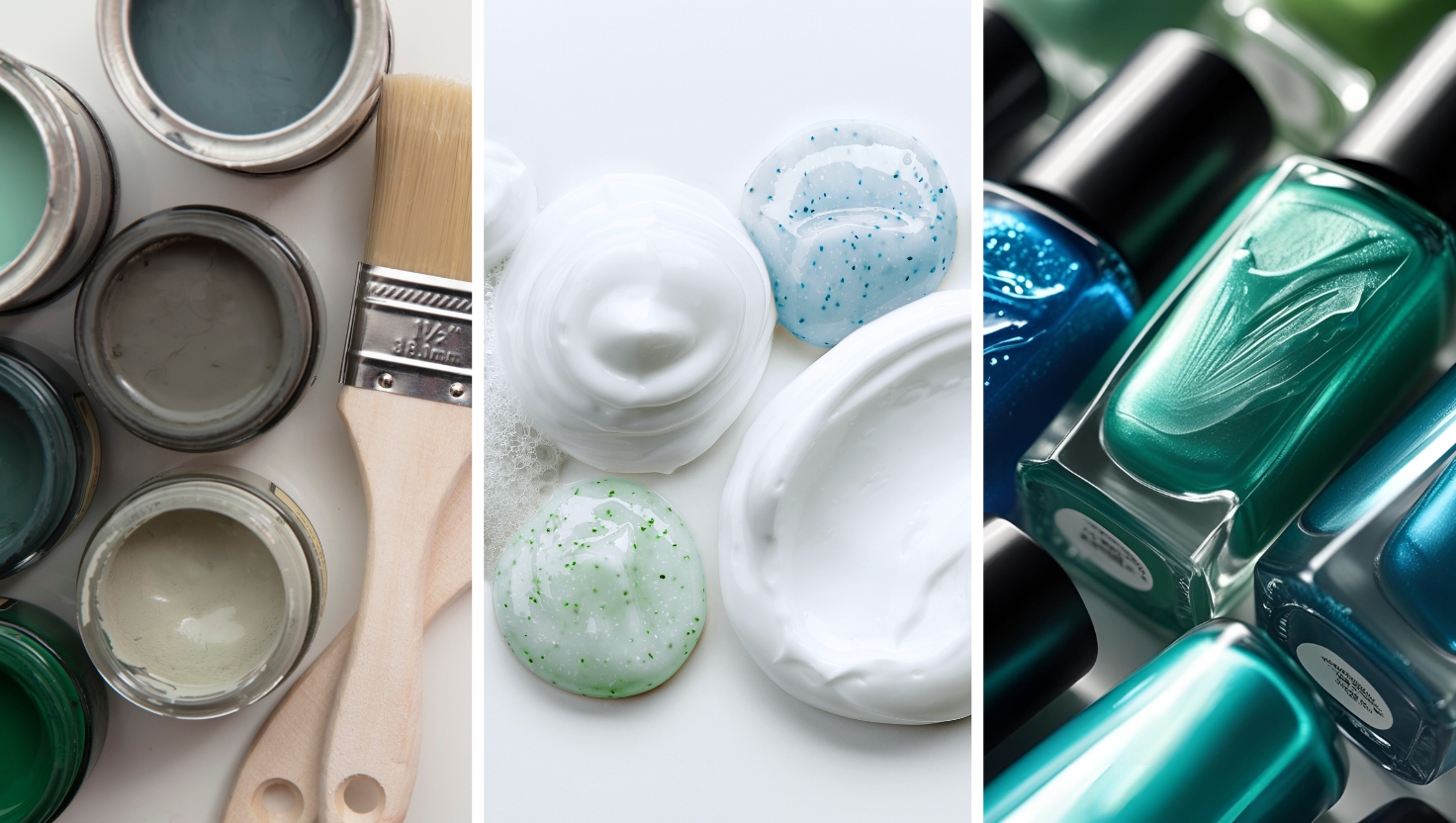 Architectural paints and a brush, skin care products, and nail polishes in green and blue hues.