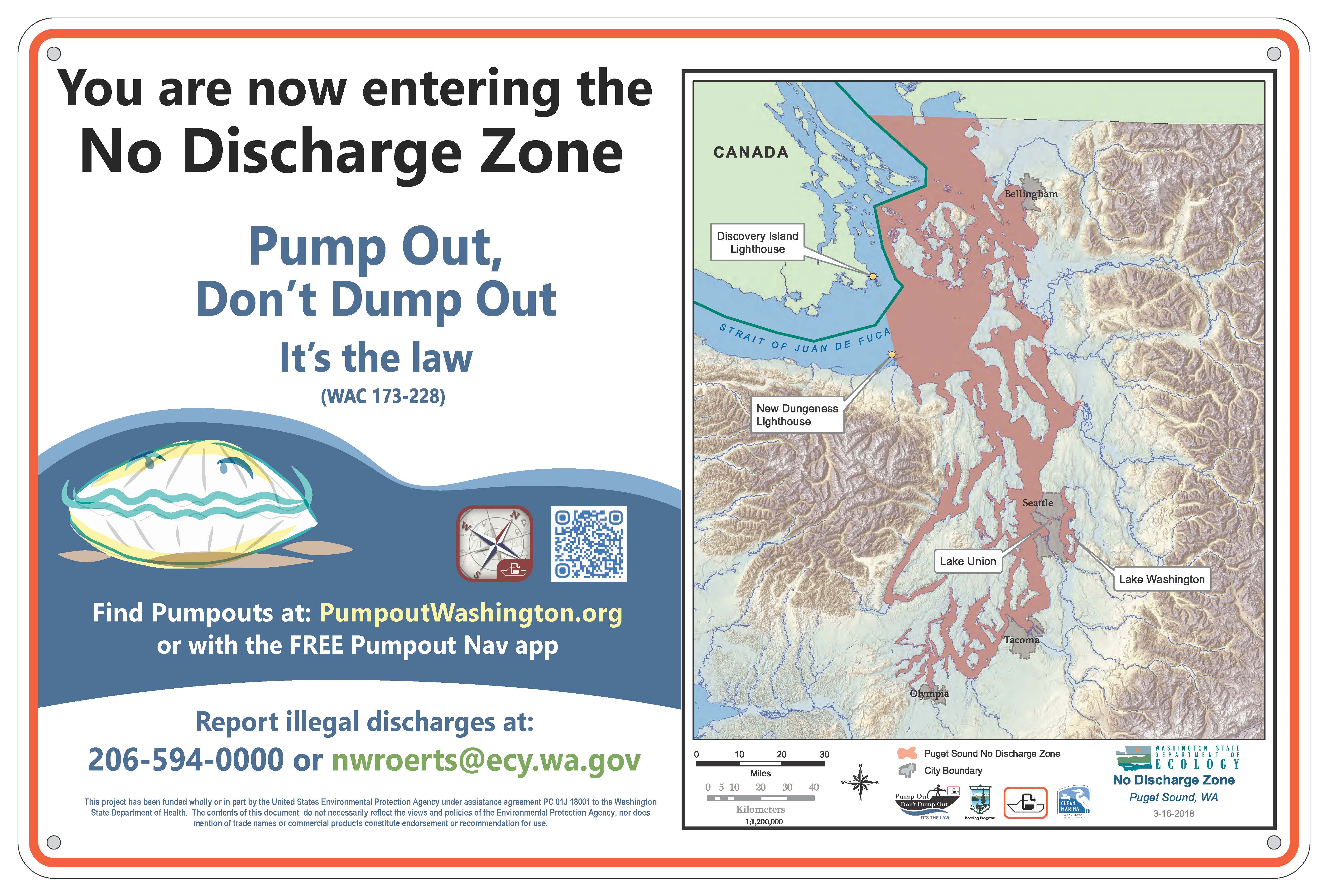 Image of a No Discharge Zone Sign with the map and a graphic of a clam