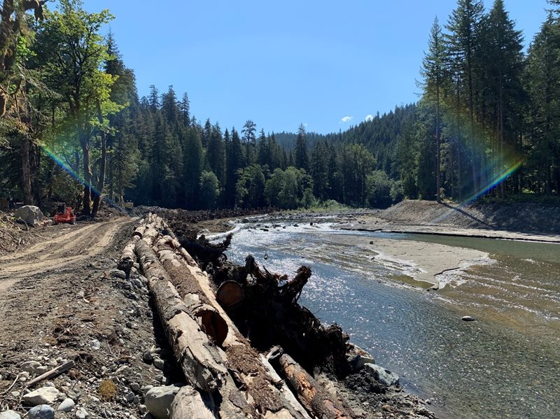 logs are stacked between the Stillaguamish river and the forest, with a muddy road and equipment in view