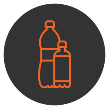 Outlines of plastic beverage containers as two bottles in orange.