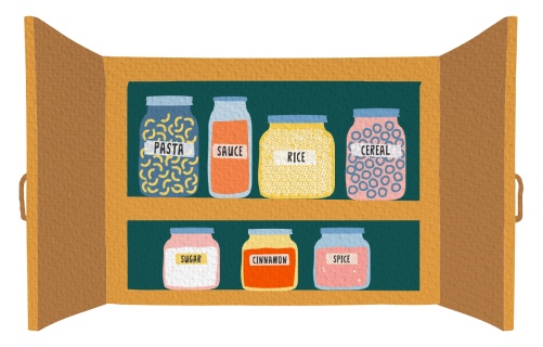 Illustration of a kitchen pantry with jars of food inside