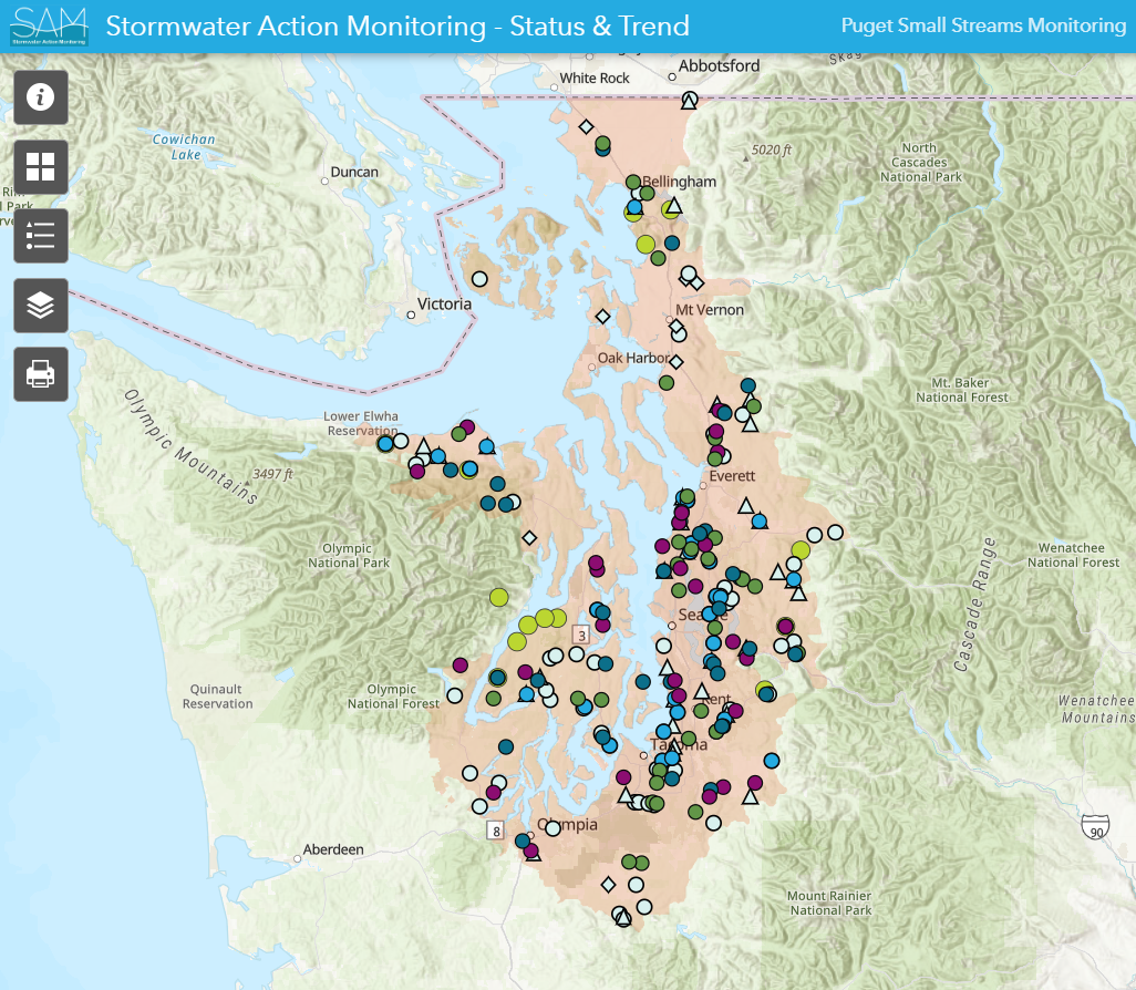 Puget small streams online map image showing sampling locations