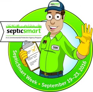 septic smart comic advertisement, a man in a green shirt waves with a clipboard in one arm.