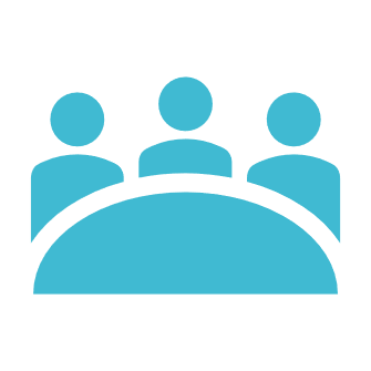 A graphic of three people around a table.