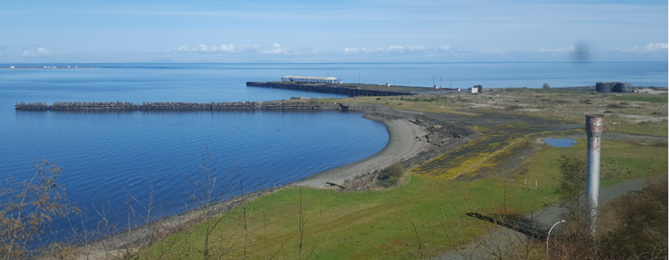 Flat, empty shoreline with a long pier sticking out into calm water. A jetty divides the area between the pier and shore.