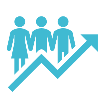 A graphic of three people holding hands, with an upward trending arrow.