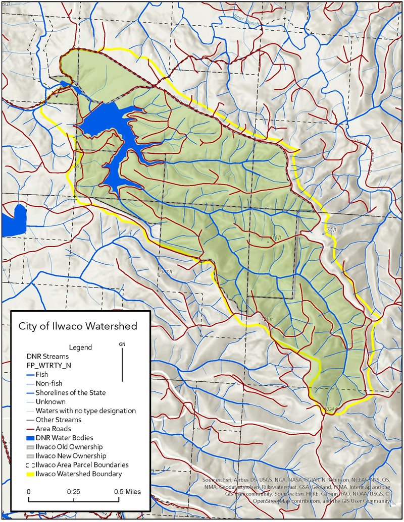 2023 map showing the City of Ilwaco watershed, with a boundary around the drinking water reservoir and tributaries