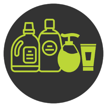 A lime green outline of household cleaning products and personal care products that come in containers like plastic bottles and tubes.
