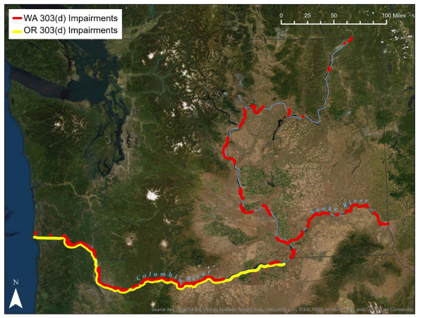 Map of the Columbia and Lower Snake rivers spanning across US-Canada border, as well as through Washington, Oregon, and Idaho