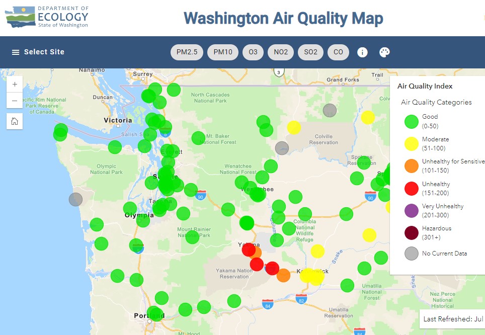 screenshot of the Burn Ban map in the Air Quality Monitoring Network