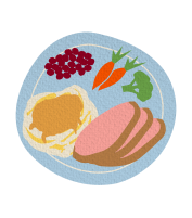 Illustration of a plate with ham, cranberries, vegetables, and mashed potatoes