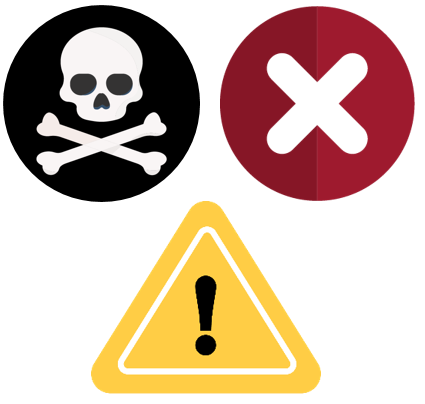 Skull and crossbones, red X, and yellow caution labels