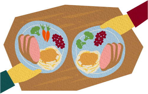 Illustration of two hands holding plates of reheated holiday leftovers