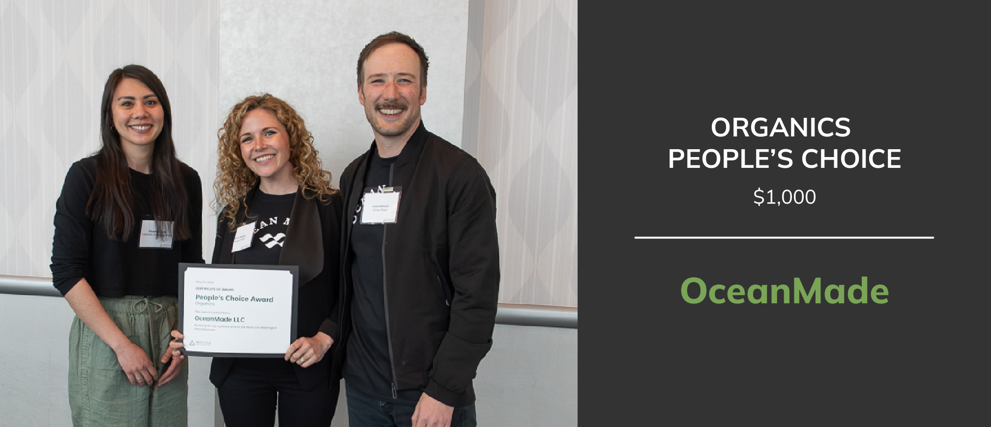 The OceanMade team and their mentor pose for a photo with their Organics People's Choice award
