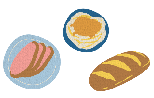 Illustration of plates of mashed potatoes, ham slices, and bread