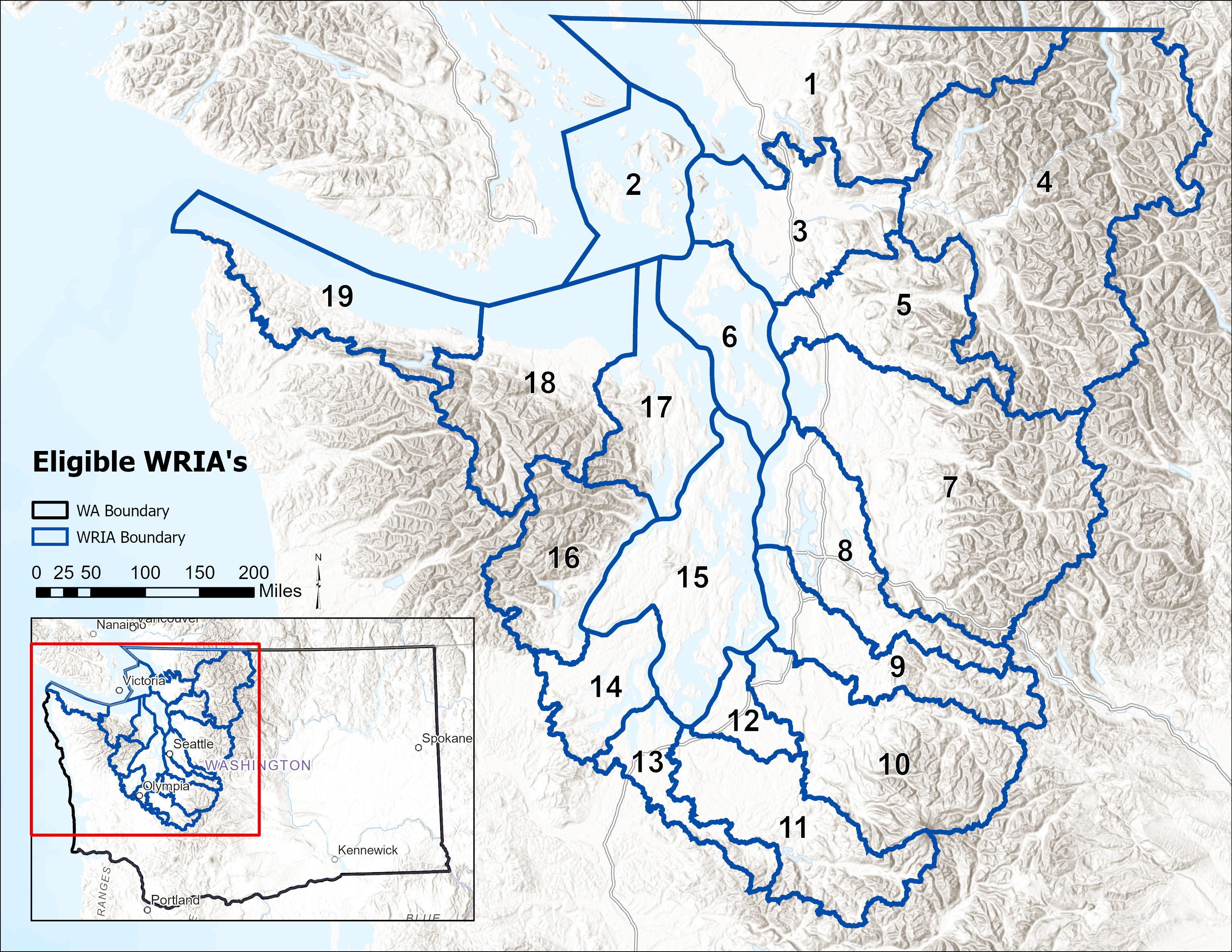 Map showing eligible water resource inventory areas one through nineteen