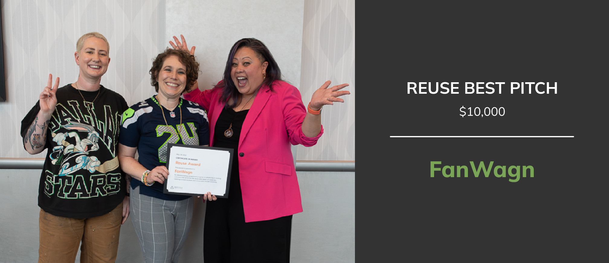 The FanWagn team and their mentor pose for a photo with their Reuse Best Pitch award