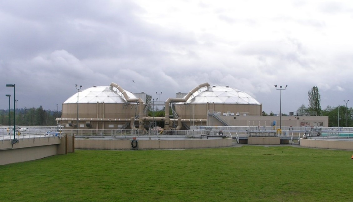 Domed buildings that are part of a wastewater treatment facility with green grass in front