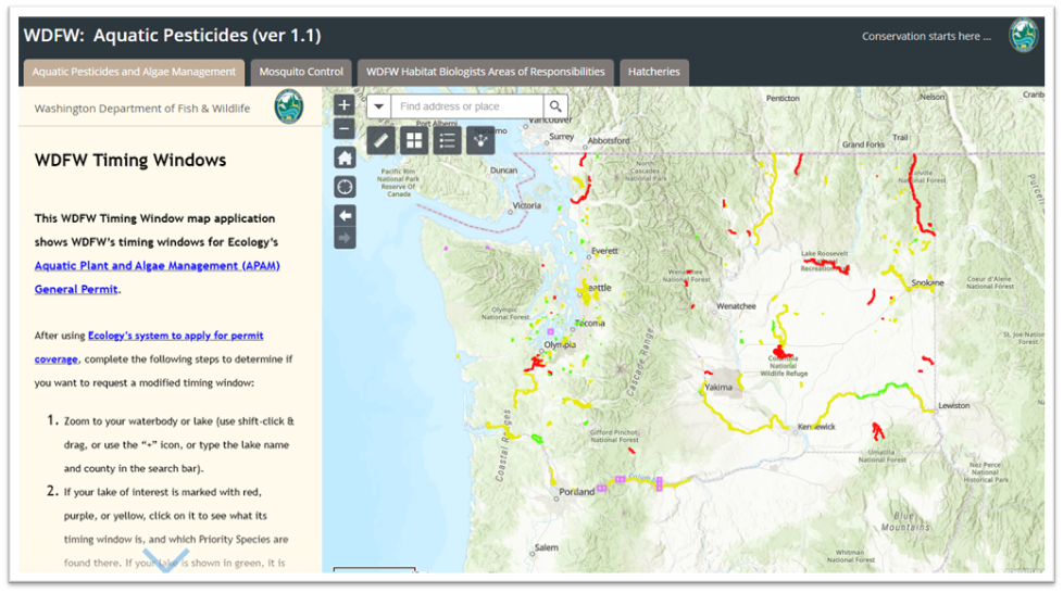 online map with information panel over a map of Washington state with different color river lines showing restrictions