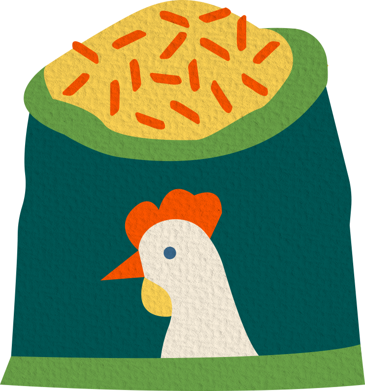 Dibujo de una bolsa verde con comida para gallinas amarilla visible en la parte superior