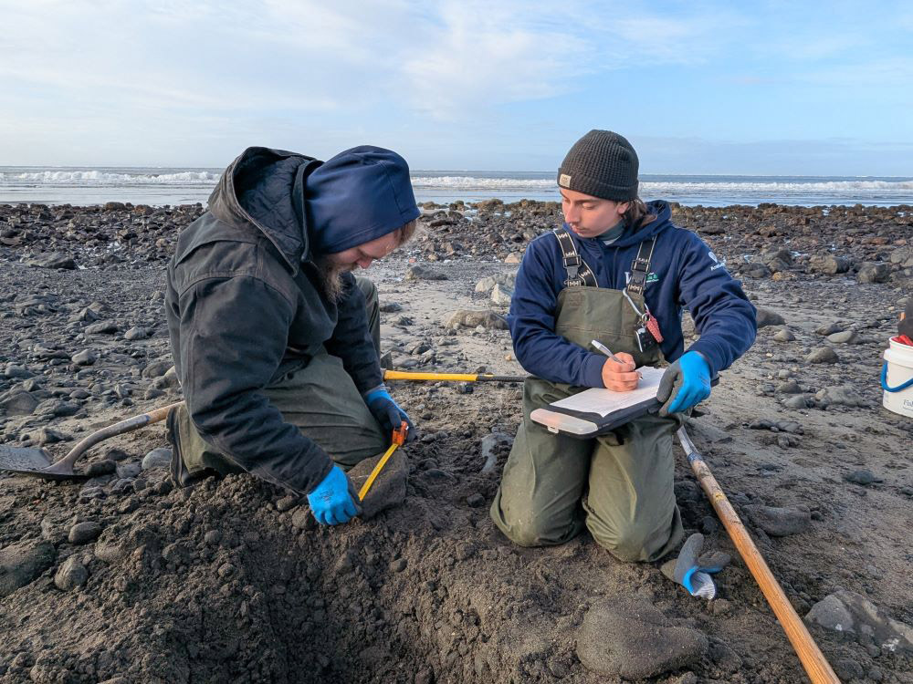 Two WCC members kneel next to each other on a sandy beach and record measurements of a rock.