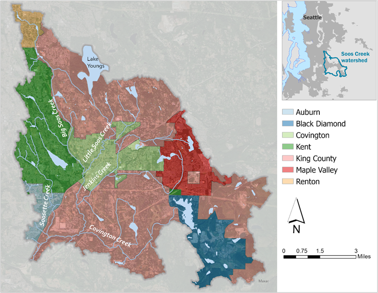 The watershed includes all of Covington and parts of Kent, Auburn, Black Diamond, Maple Valley, Renton, and unincorporated King county