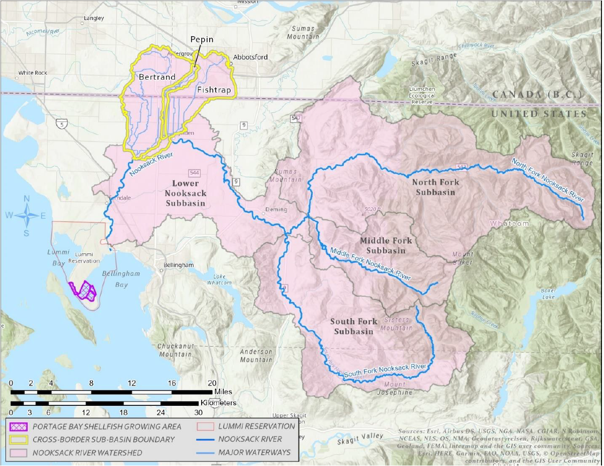 Map of Nooksack watershed extending from Mt Baker to the east, Abbotsford Canada to north, and Bellingham Bay to west