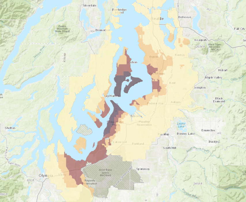 The Tacoma Smelter Plume extends from East Olympia in the South to north Seattle. The worst contamination is around Tacoma and Vashon Island.