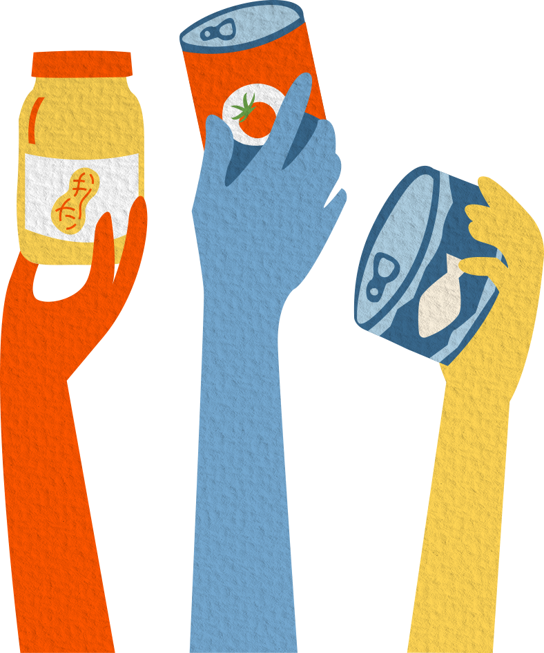 Tres brazos en alto sosteniendo alimentos envasados para donar.