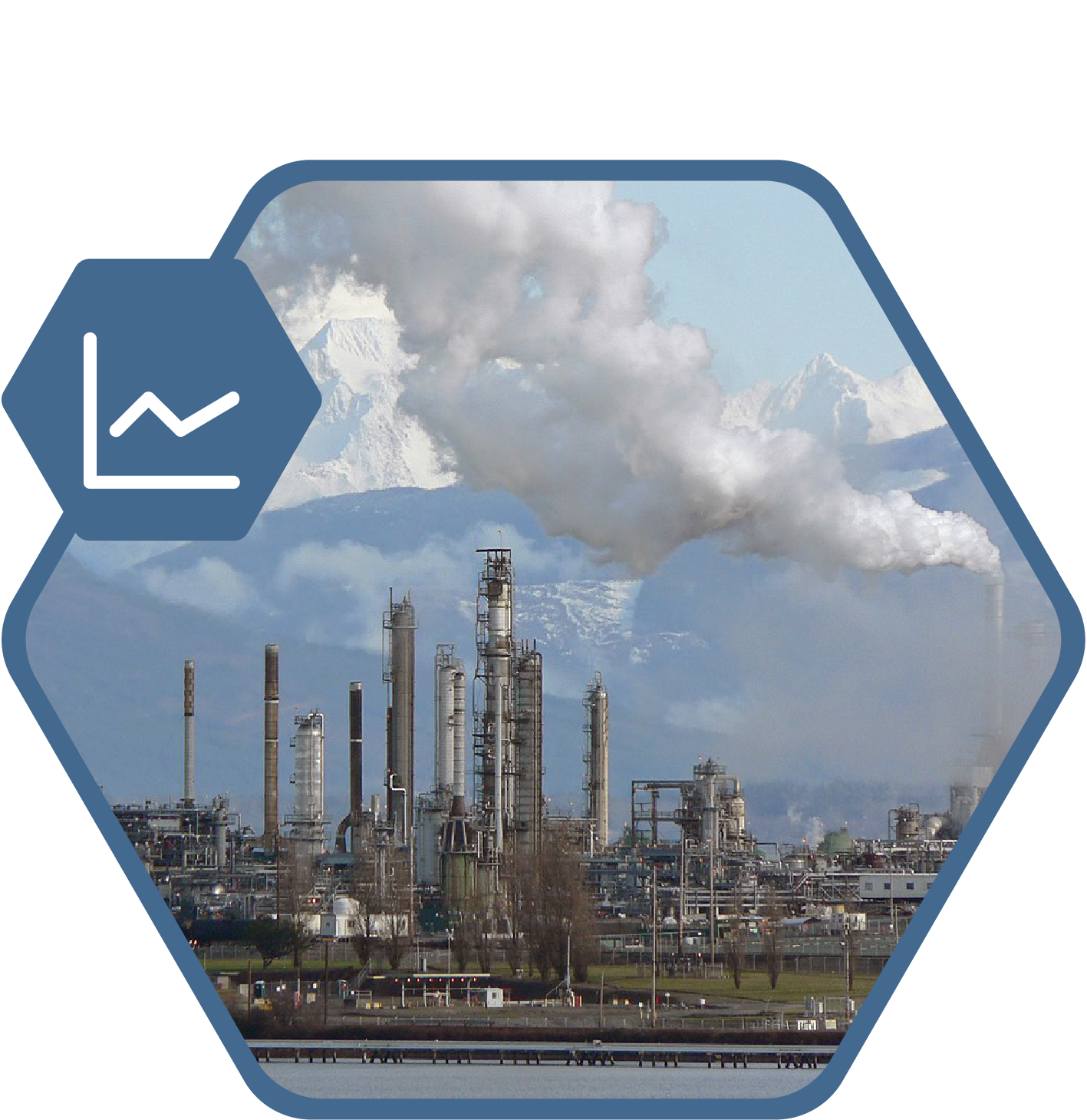 Anacortes refinery in a blue hexagon with rounded corners and a circular icon showing a chart with an upward trajectory
