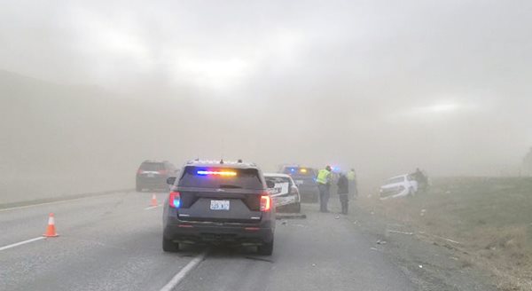 A dust storm causes traffic accidents in Richland, Washington.